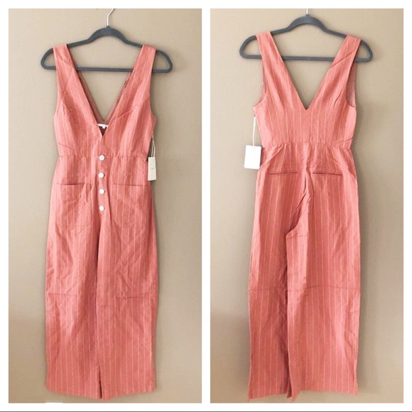Tularosa Frankie Deep V-Neck Sleeveless Pinstripe Linen Jumpsuit Clay XXS NWT - Picture 2 of 9